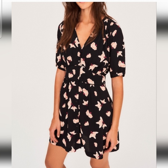 Ba&sh Marine magnolia print viscose navy/pink cinched waist button dress Sz M - Picture 1 of 12